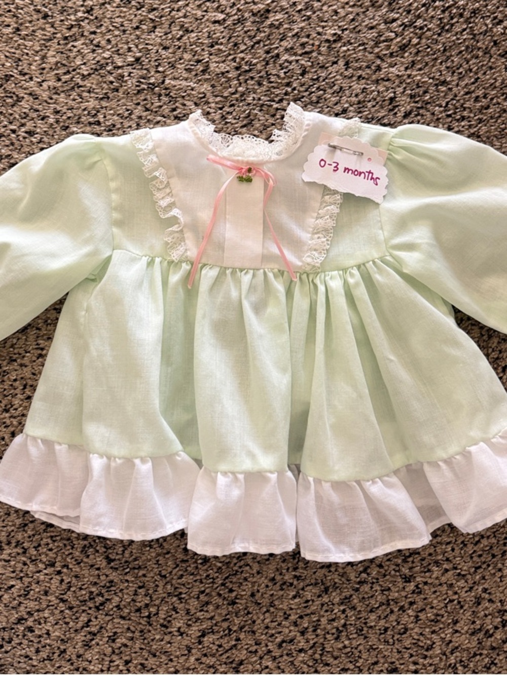 Vintage Mint Green Baby Dress with Pink Ribbon and Lace Trim